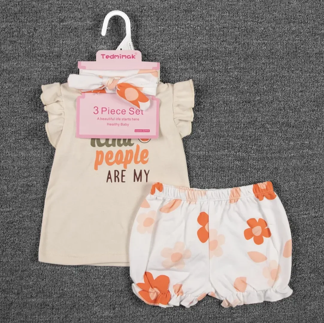 Ensemble 3 Pièces Été Bébé Fille – T-shirt Volanté, Short Imprimé et Bandeau – 0 à 18 Mois