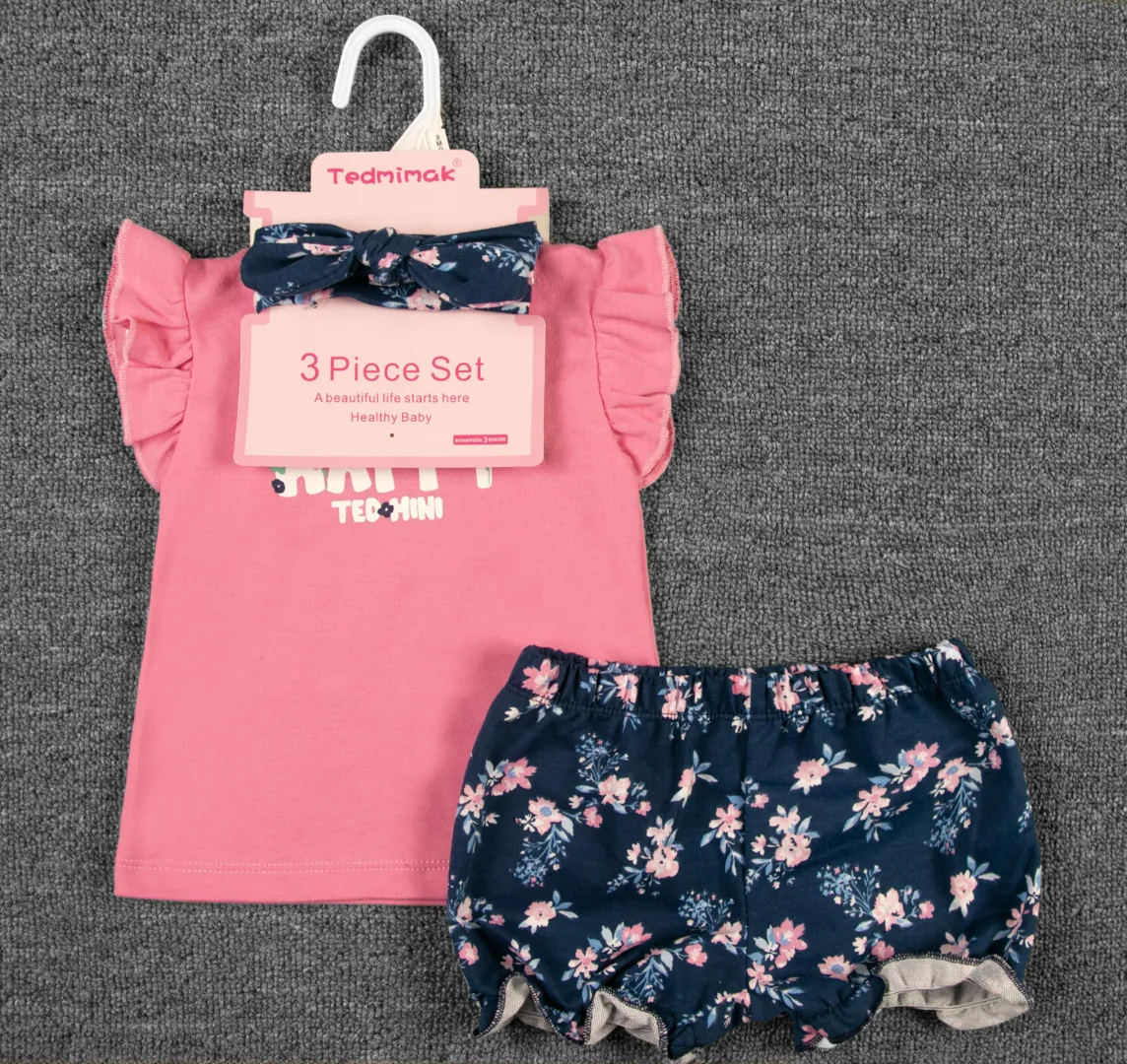 Ensemble 3 Pièces Été Bébé Fille – T-shirt Volanté, Short Imprimé et Bandeau – 0 à 18 Mois