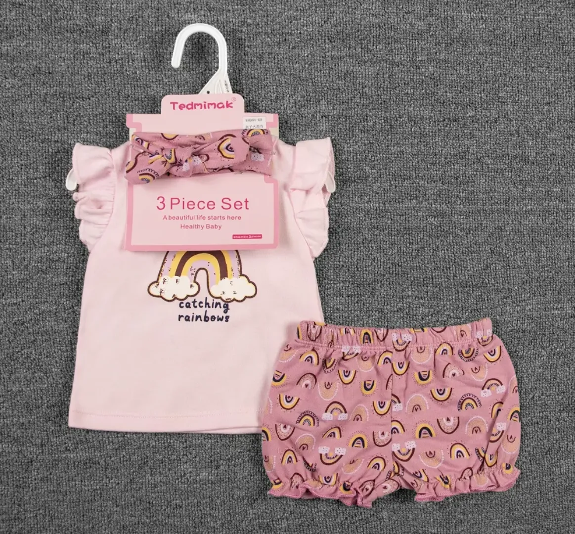 Ensemble 3 Pièces Été Bébé Fille – T-shirt Volanté, Short Imprimé et Bandeau – 0 à 18 Mois