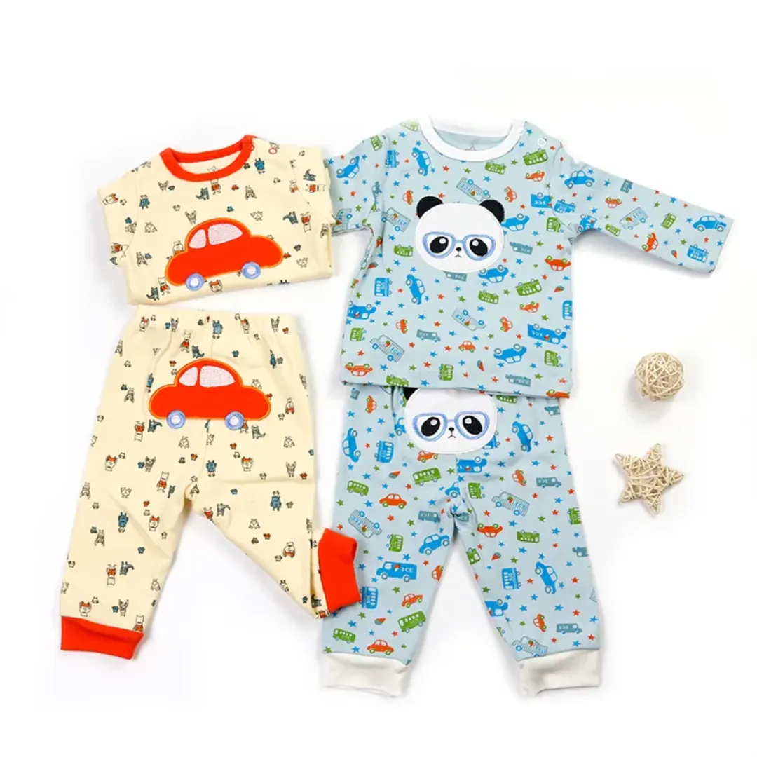 Ensemble Bébé Garçon 2 Pièces – Haut et Pantalon Long en Coton – Motifs Voiture et Panda – 0 à 24 Mois