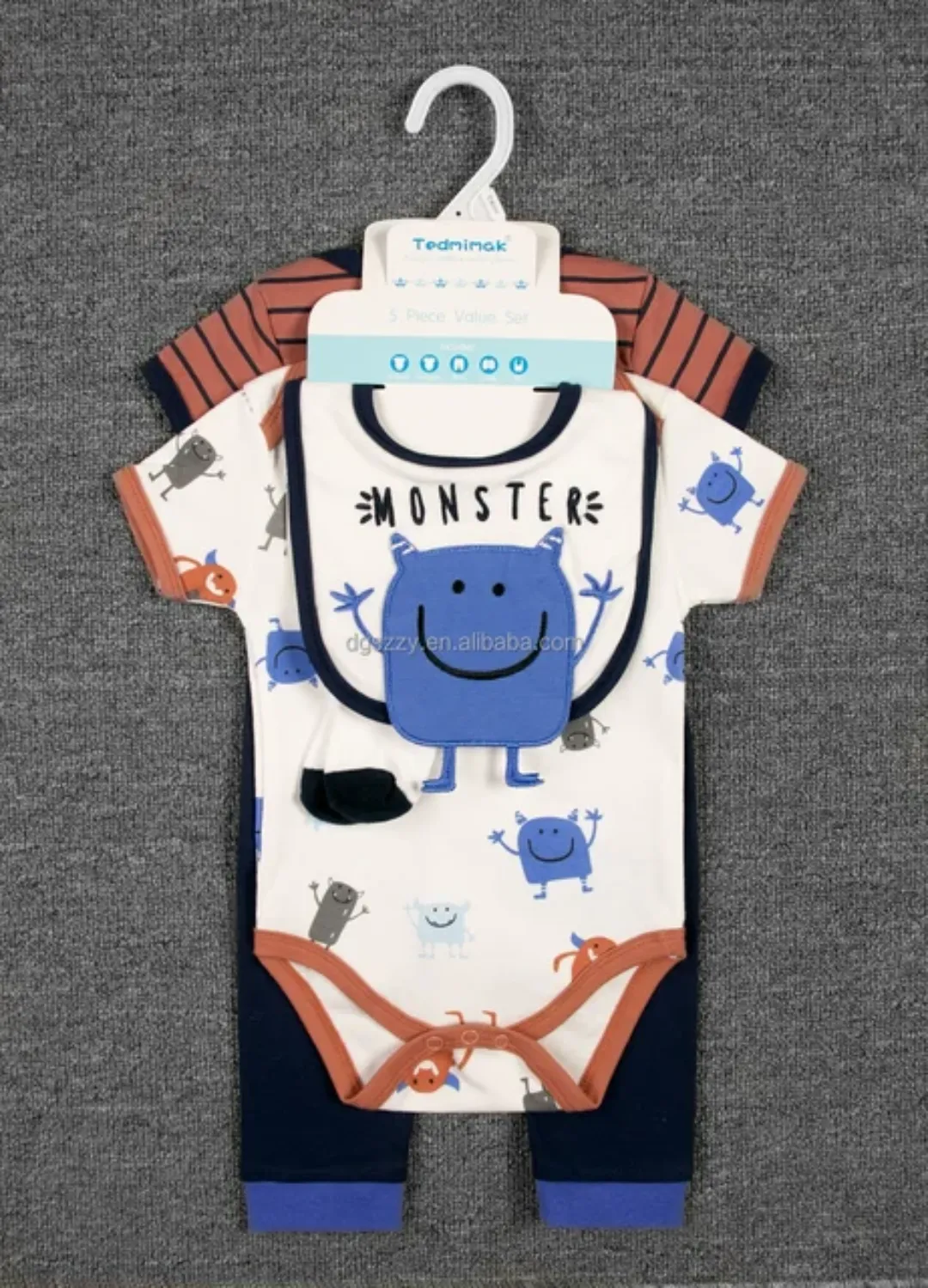 Ensemble Bébé 5 en 1 – Barboteuse, Pantalon, Bavoir, Chaussettes et Gants – Motif Fleur – 3 à 12 Mois