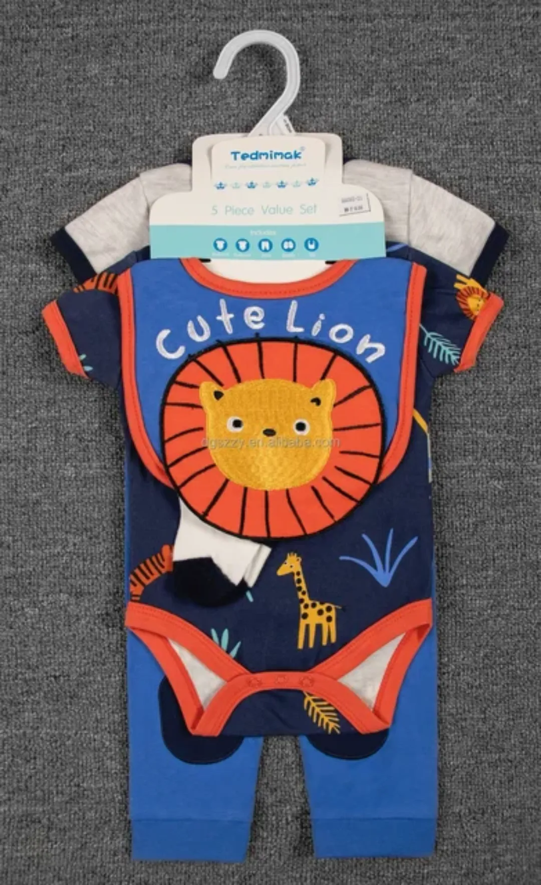Ensemble Bébé 5 en 1 – Barboteuse, Pantalon, Bavoir, Chaussettes et Gants – Motif Fleur – 3 à 12 Mois