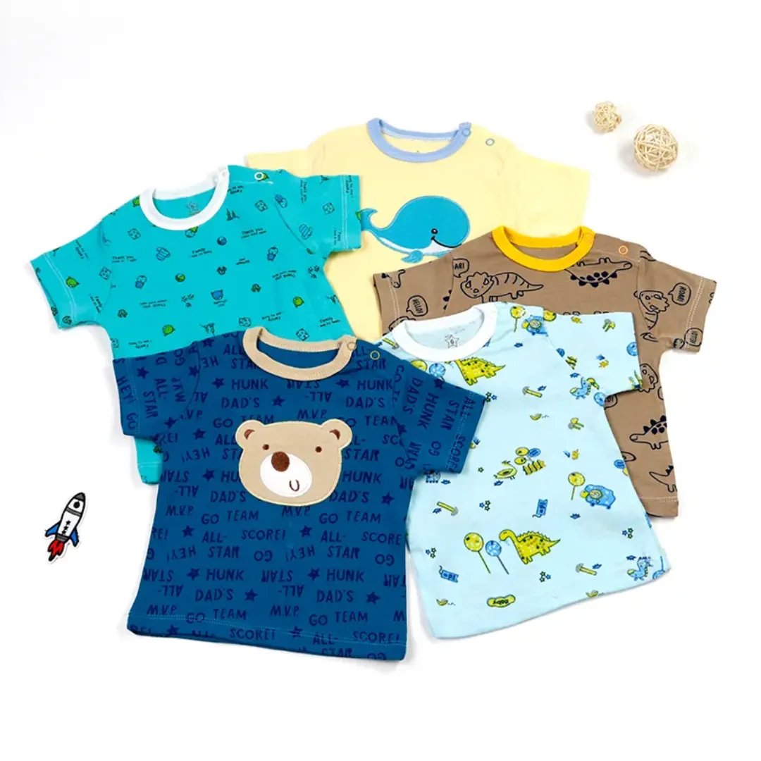 Lot de 5 T-Shirts Bébé Coton – Manches Courtes – Motifs Animés – 0 à 24 Mois
