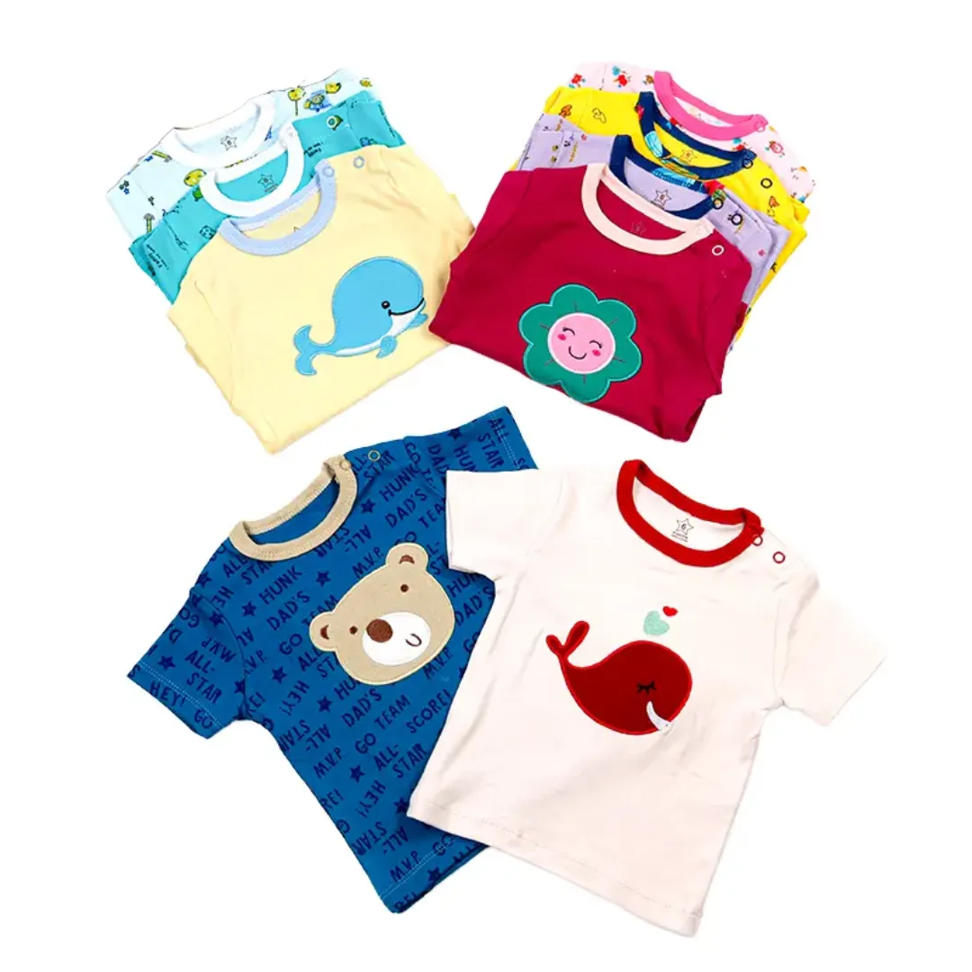 Lot de 5 T-Shirts Bébé Coton – Manches Courtes – Motifs Animés – 0 à 24 Mois