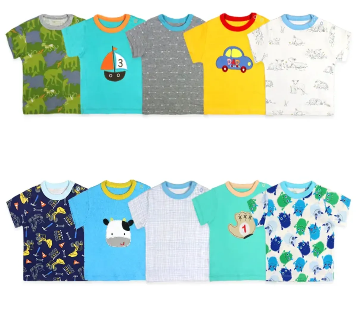 Lot de 5 T-Shirts Bébé Coton – Manches Courtes – Motifs Animés – 0 à 24 Mois