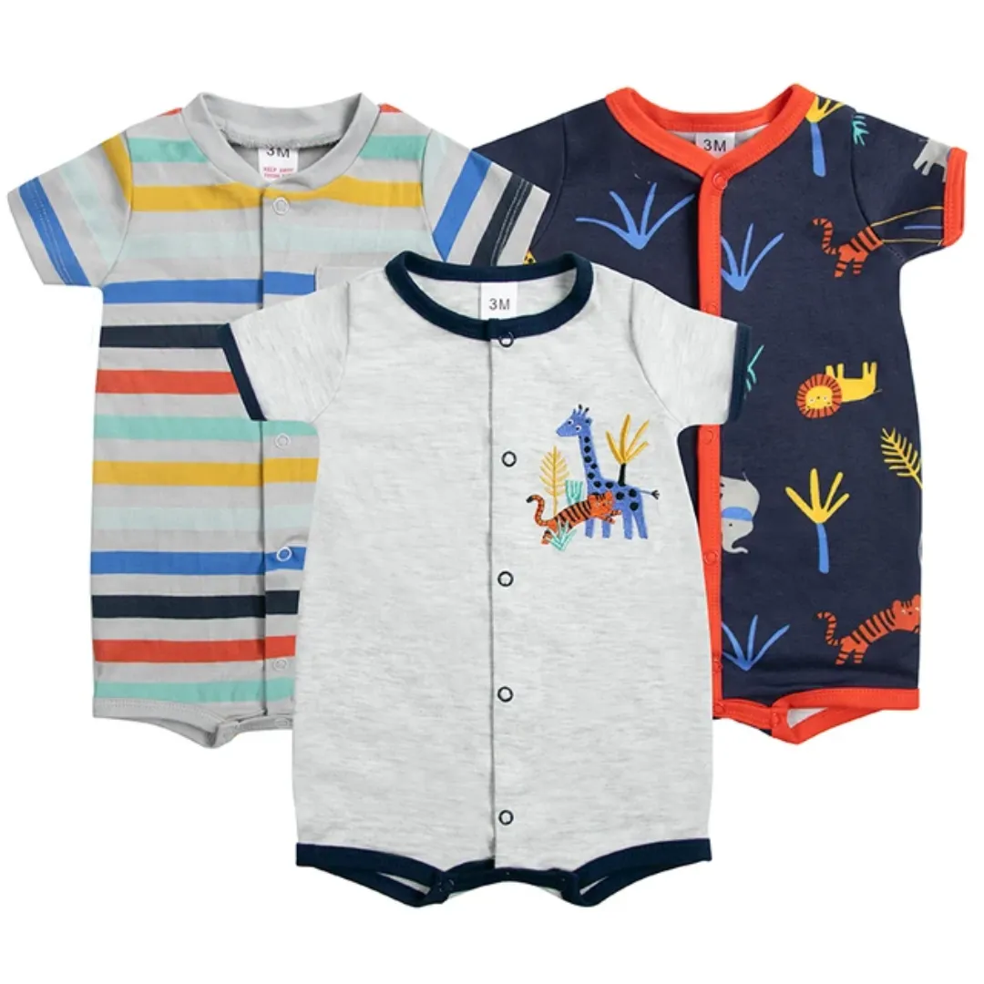 Lot de 3 Grenouillères Bébé Été – Manches Courtes – Motifs Colorés – 0 à 12 Mois