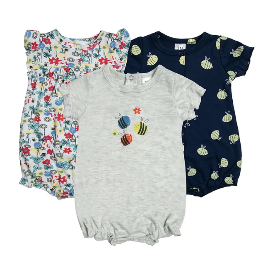Lot de 3 Grenouillères Bébé Été – Manches Courtes – Motifs Colorés – 0 à 12 Mois