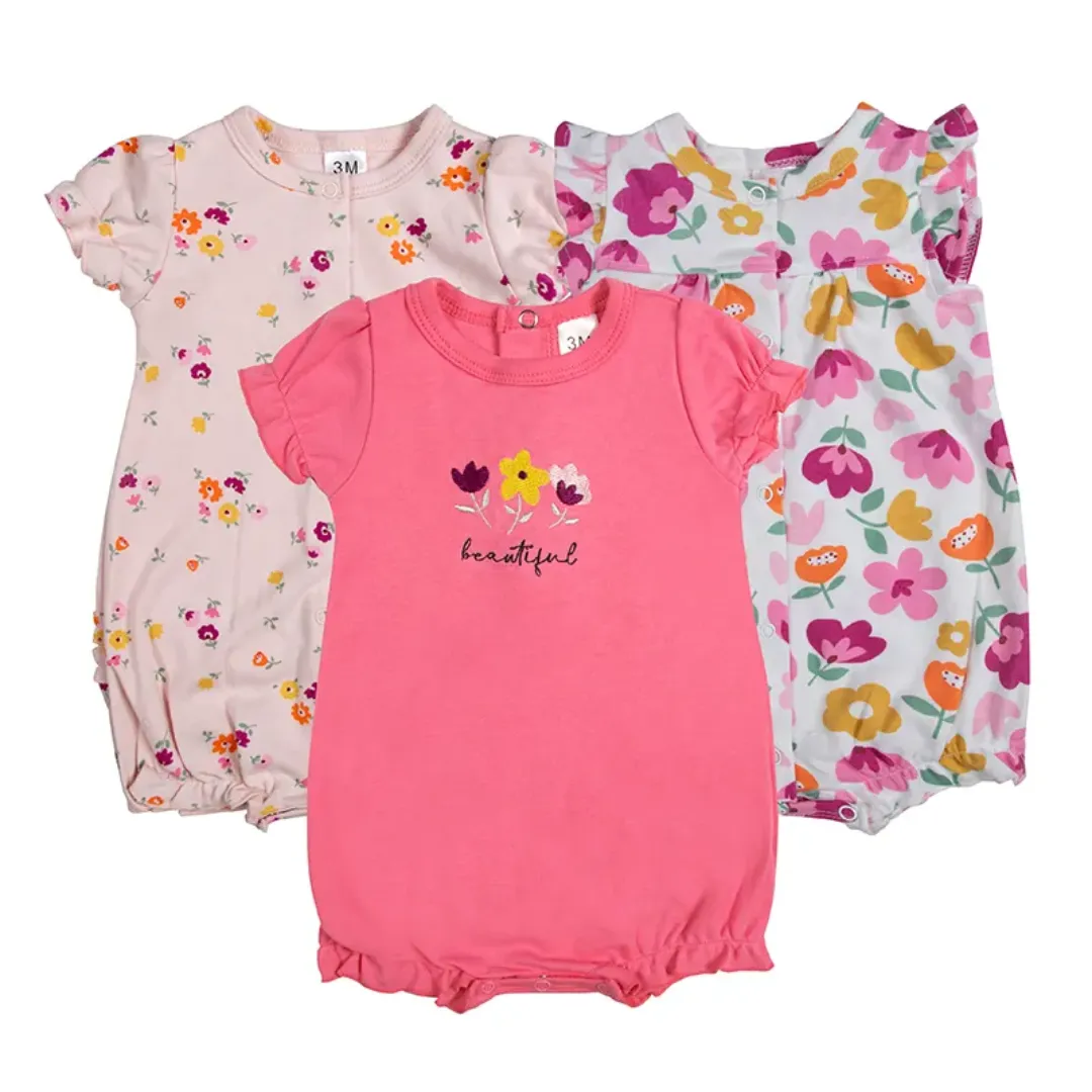 Lot de 3 Grenouillères Bébé Été – Manches Courtes – Motifs Colorés – 0 à 12 Mois