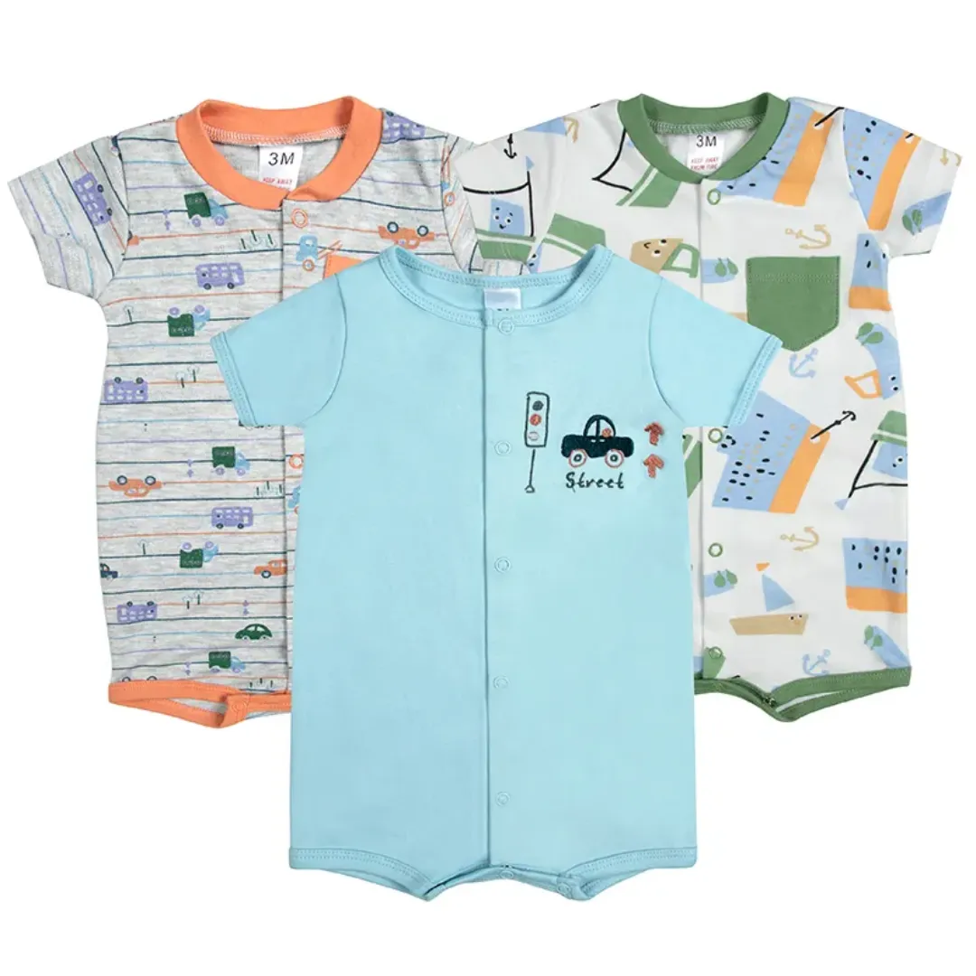 Lot de 3 Grenouillères Bébé Été – Manches Courtes – Motifs Colorés – 0 à 12 Mois