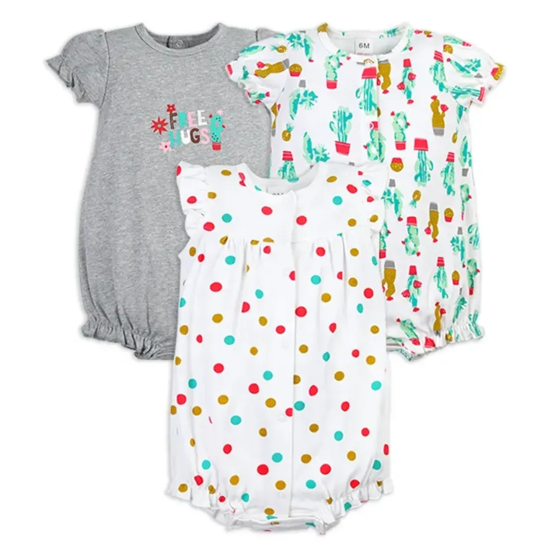 Lot de 3 Grenouillères Bébé Été – Manches Courtes – Motifs Colorés – 0 à 12 Mois