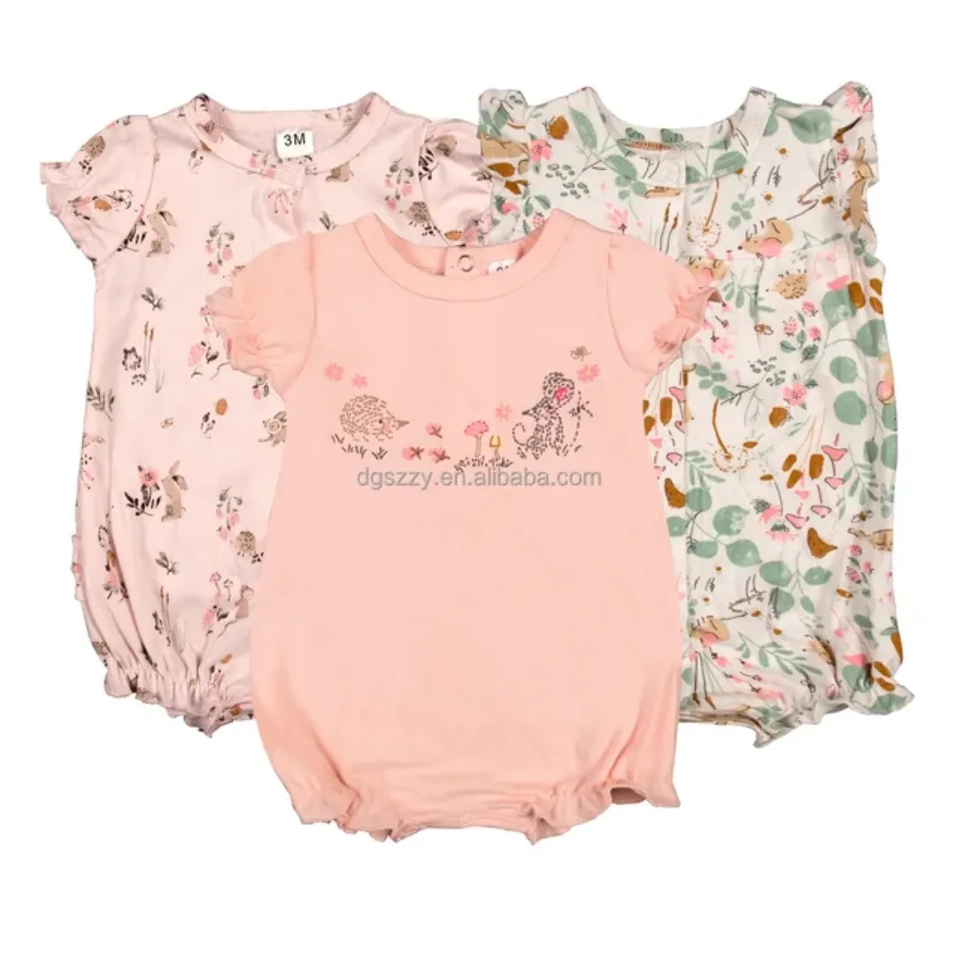 Lot de 3 Grenouillères Bébé Été – Manches Courtes – Motifs Colorés – 0 à 12 Mois