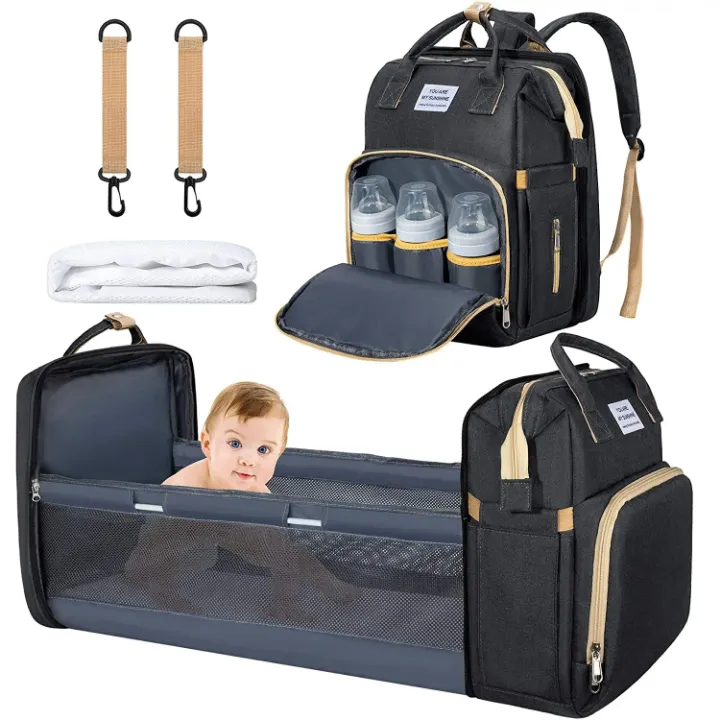 Sac à Langer Multifonction 3-en-1 pour Bébé – Sac à Dos Étanche avec Lit Pliable, Port USB & Rangement Thermique