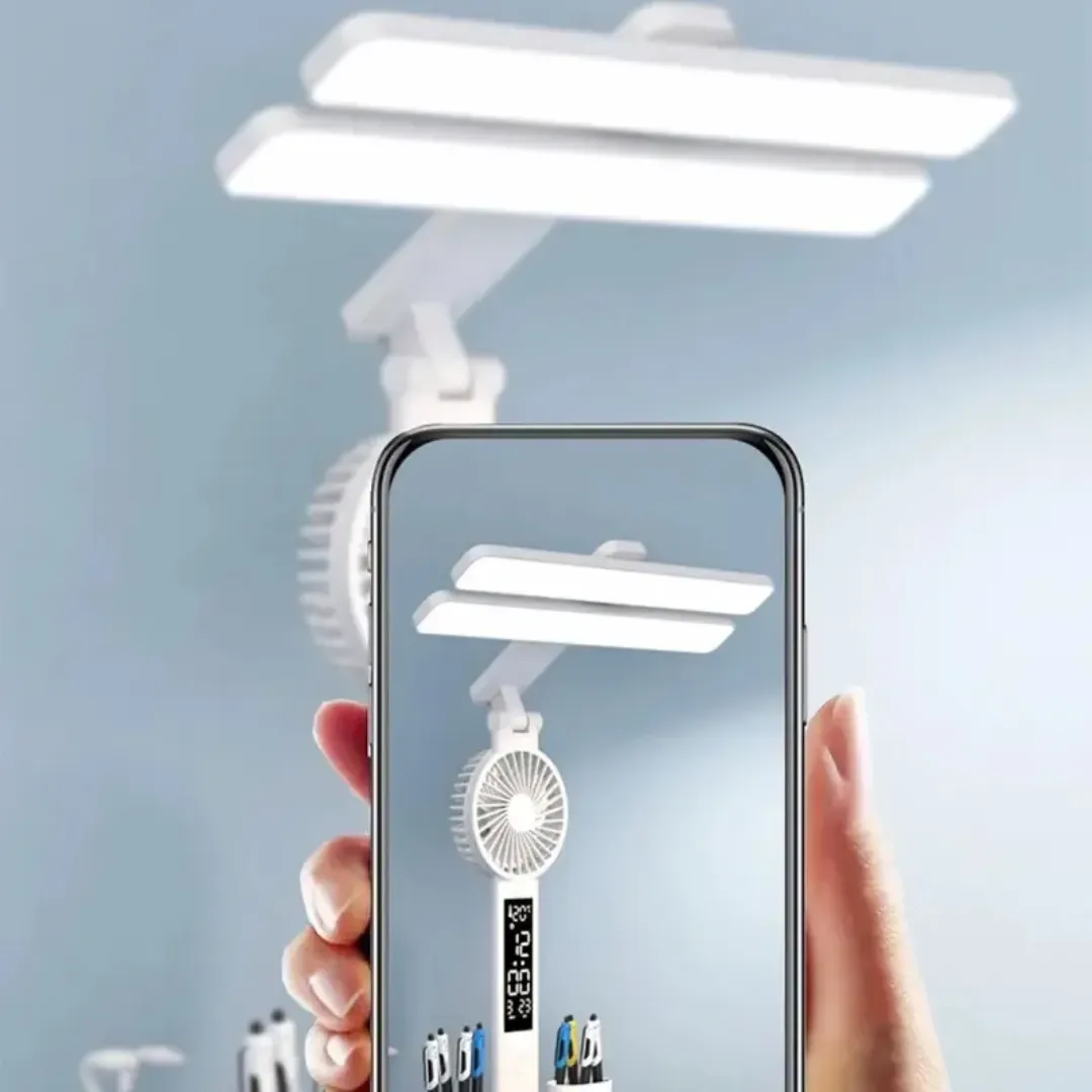 Lampe de Bureau LED Rechargeable avec Ventilateur, Horloge et Porte-Stylo – Tactile, USB, Double Tête