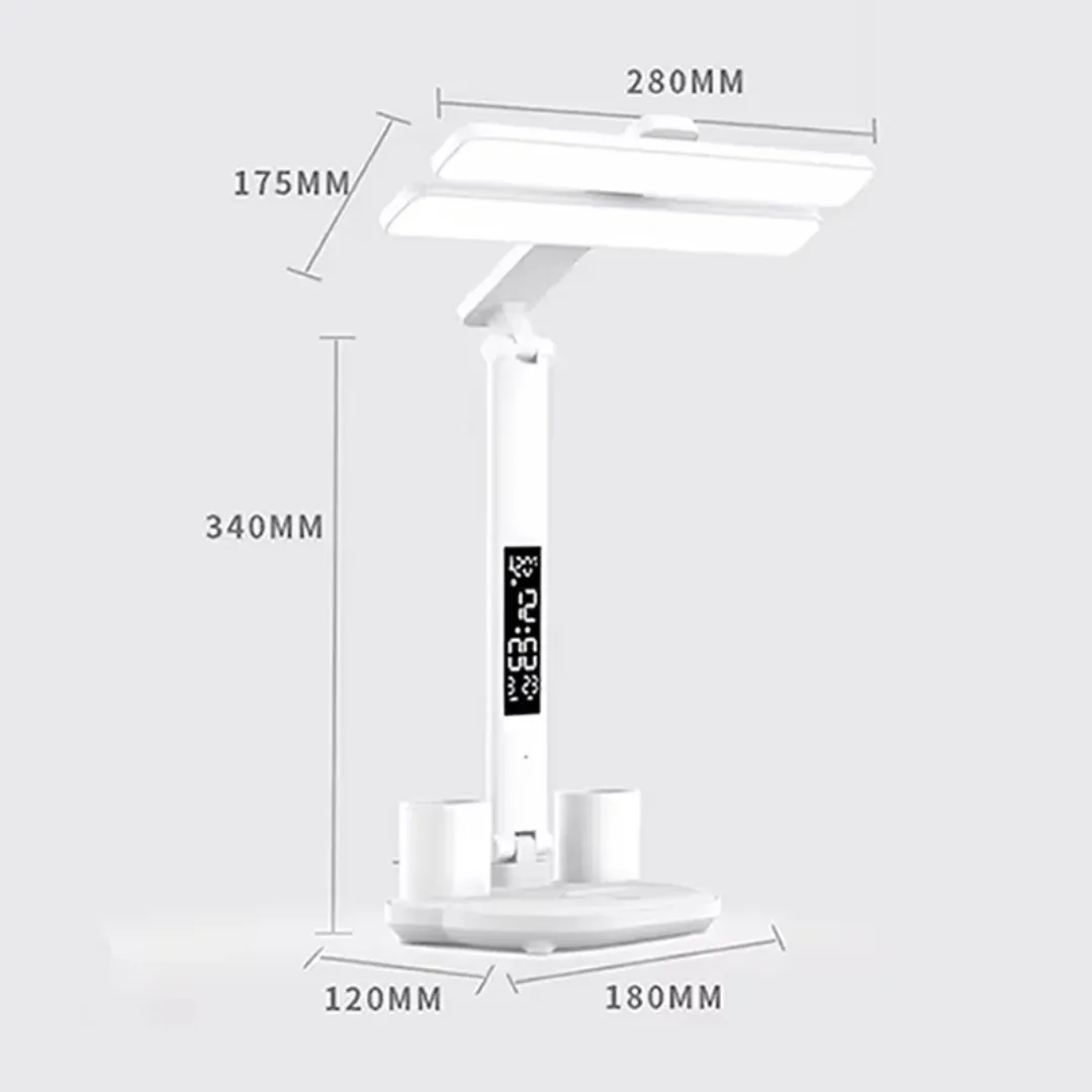 Lampe de Bureau LED Rechargeable avec Ventilateur, Horloge et Porte-Stylo – Tactile, USB, Double Tête