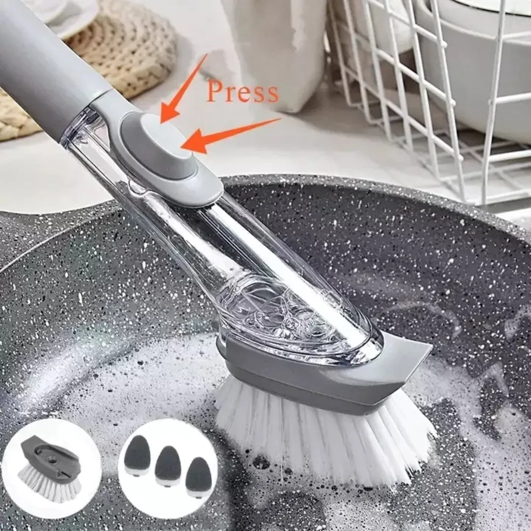 Brosse de Vaisselle avec Réservoir à Savon – Brosse de Nettoyage Multifonction pour Cuisine et Plats