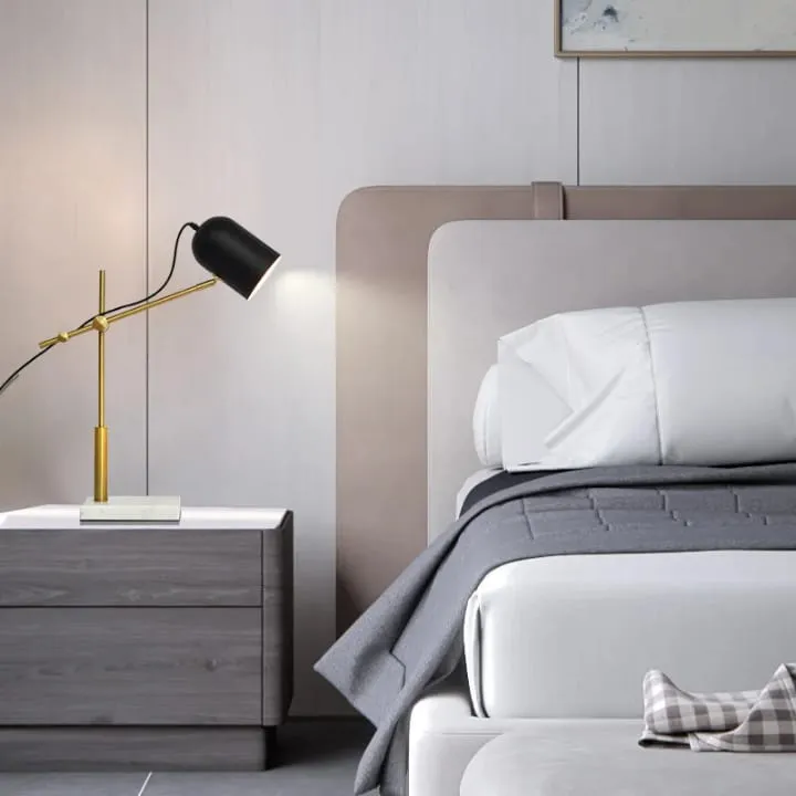 Lampe Dorée & Abat-Jour Noir avec Base en Marbre Blanc - TQ22006-W