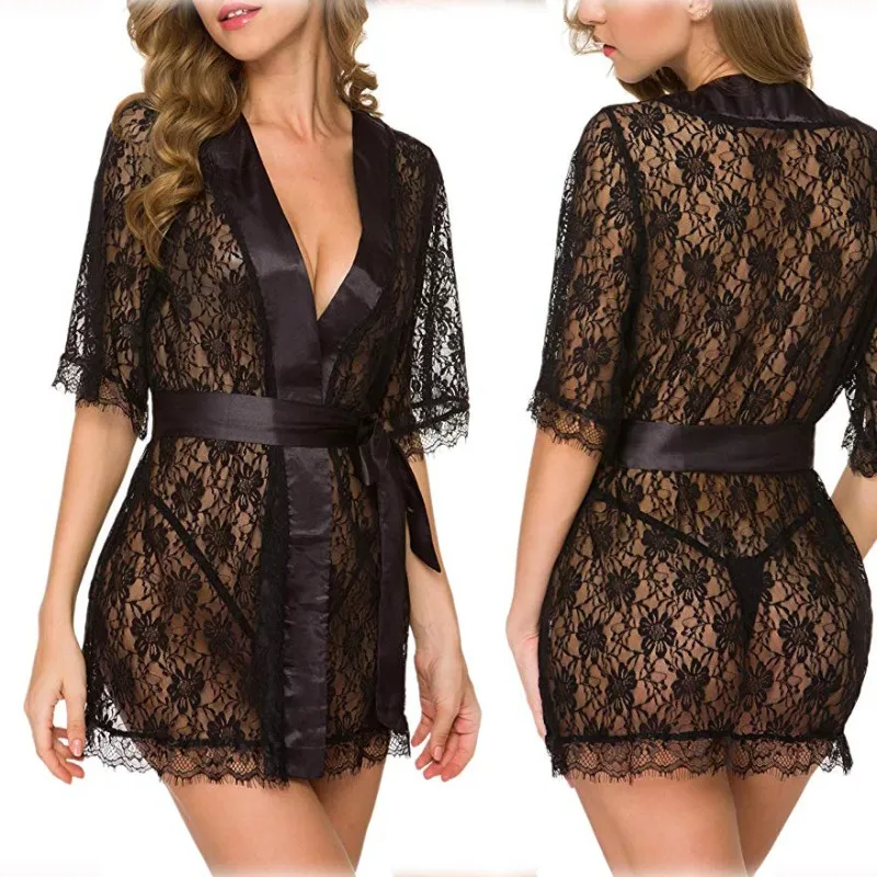 Chemise de Nuit Sexy en Dentelle Transparente – Lingerie Féminine Élégante avec Ceinture Satinée