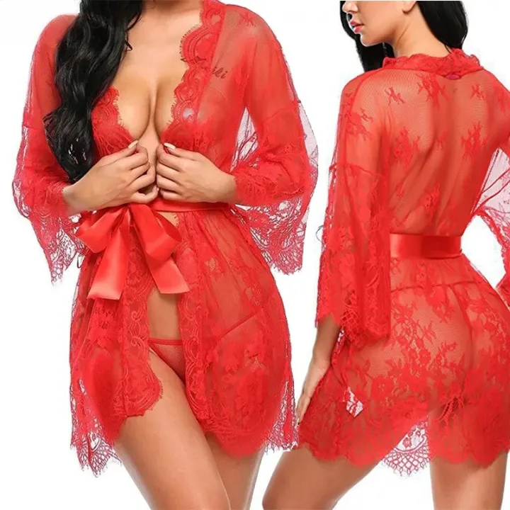 Chemise de Nuit Sexy en Dentelle Transparente – Lingerie Féminine Élégante avec Ceinture Satinée