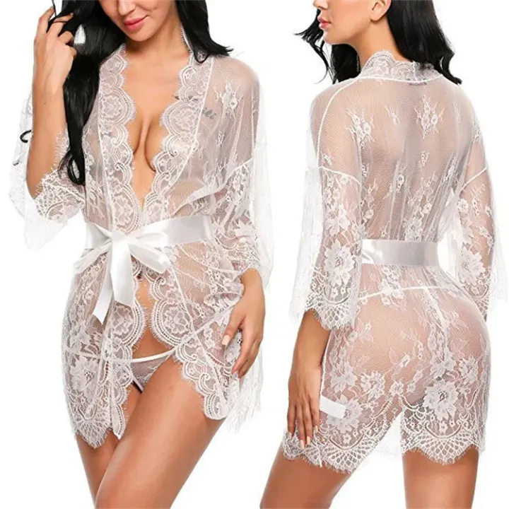 Chemise de Nuit Sexy en Dentelle Transparente – Lingerie Féminine Élégante avec Ceinture Satinée