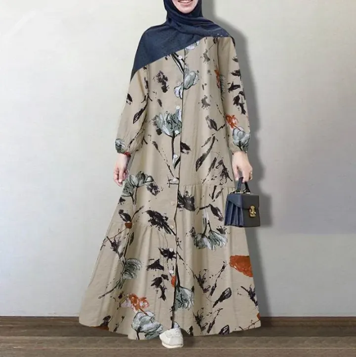 Robe Longue en Tricot Coton à Motifs Floraux – Style Modeste Élégant pour Femme