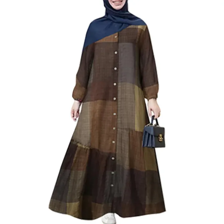 Robe Longue en Tricot Coton à Motifs Floraux – Style Modeste Élégant pour Femme
