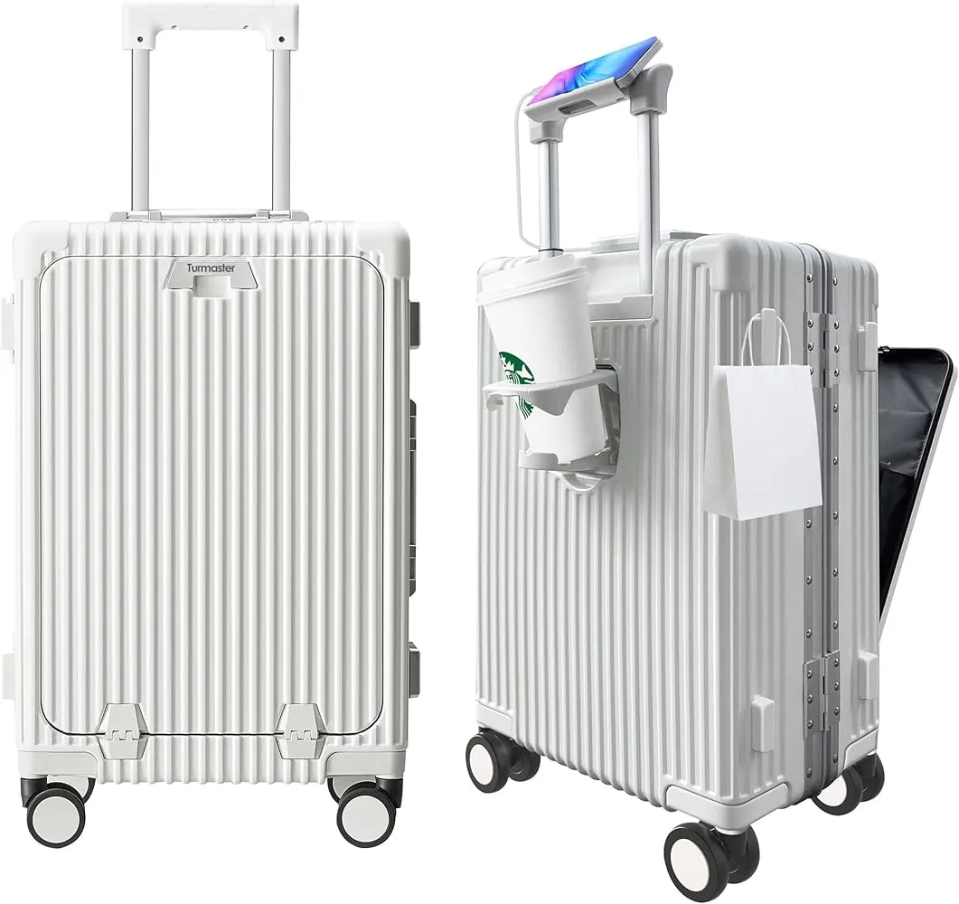 Valise cabine 22” en aluminium – Bagage intelligent avec support téléphone, porte-gobelet & crochet sac – Roues pivotantes 360