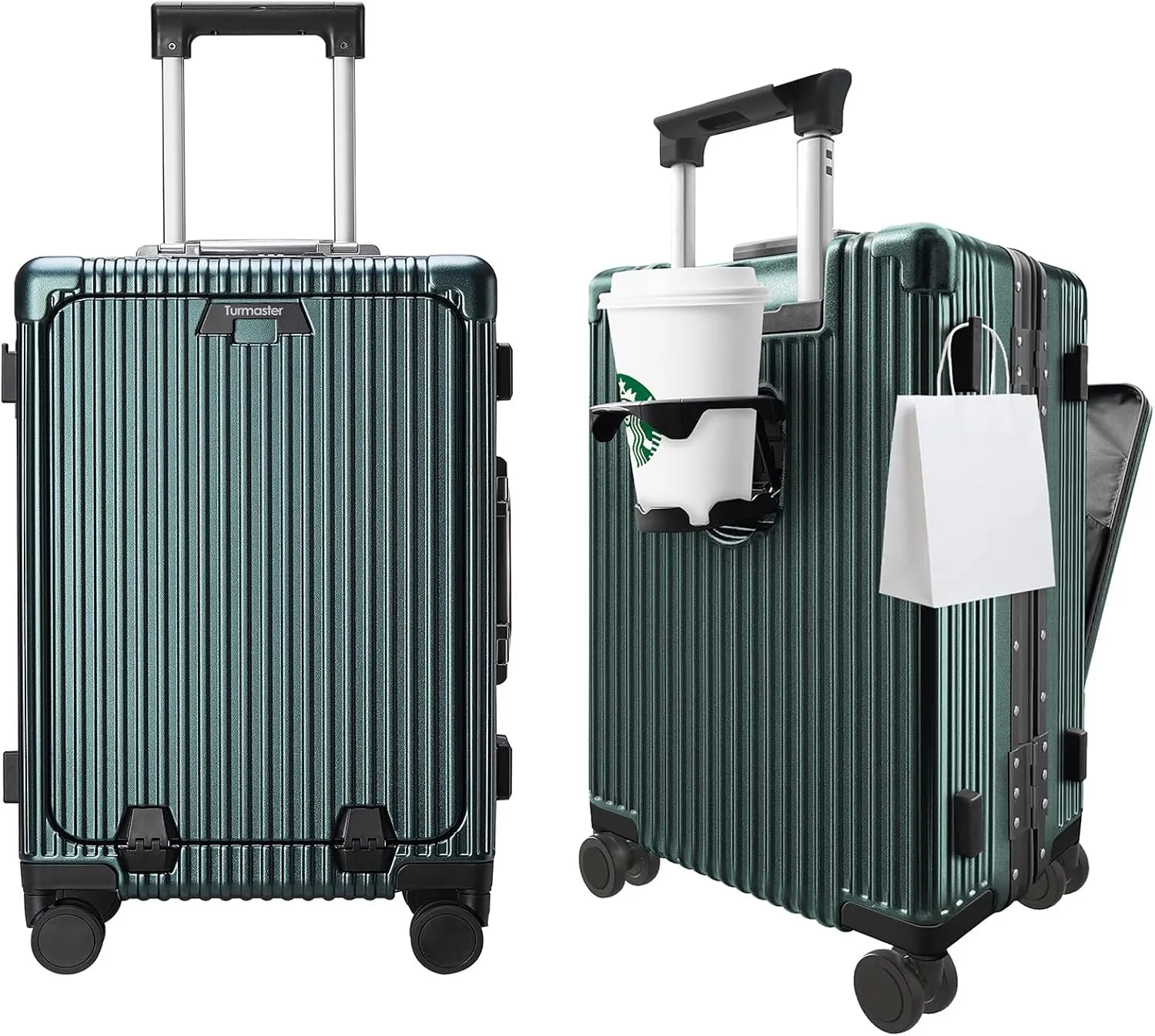 Valise cabine 22” en aluminium – Bagage intelligent avec support téléphone, porte-gobelet & crochet sac – Roues pivotantes 360