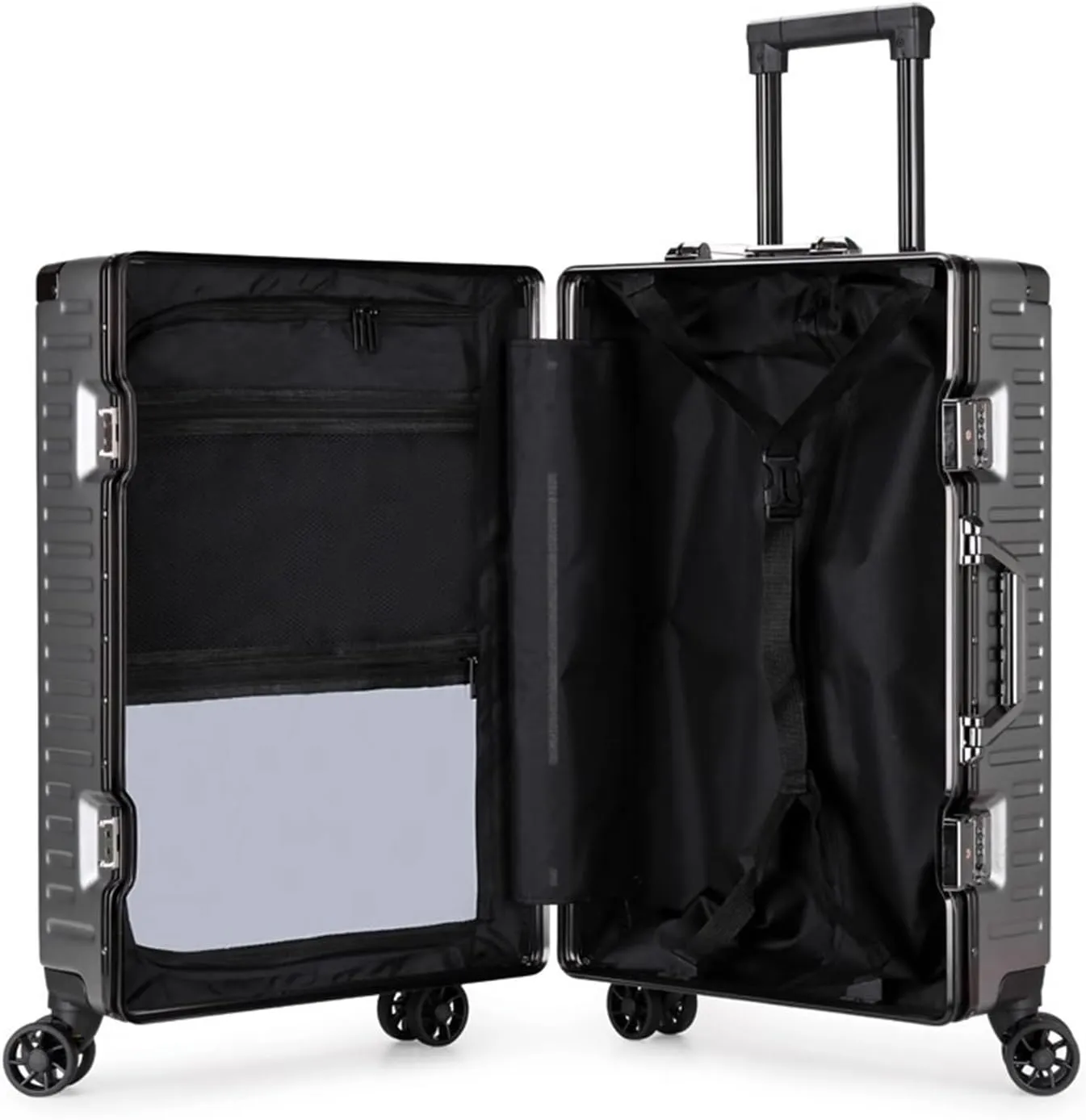 Valise cabine 22” en aluminium – Bagage intelligent avec support téléphone, porte-gobelet & crochet sac – Roues pivotantes 360