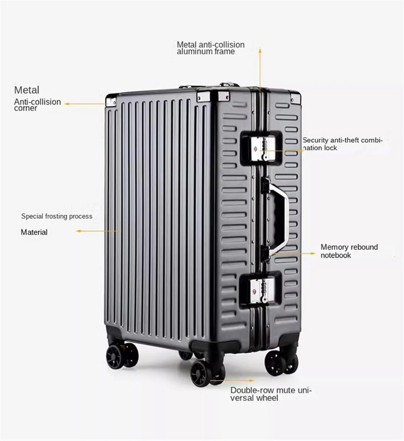 Valise cabine 22” en aluminium – Bagage intelligent avec support téléphone, porte-gobelet & crochet sac – Roues pivotantes 360