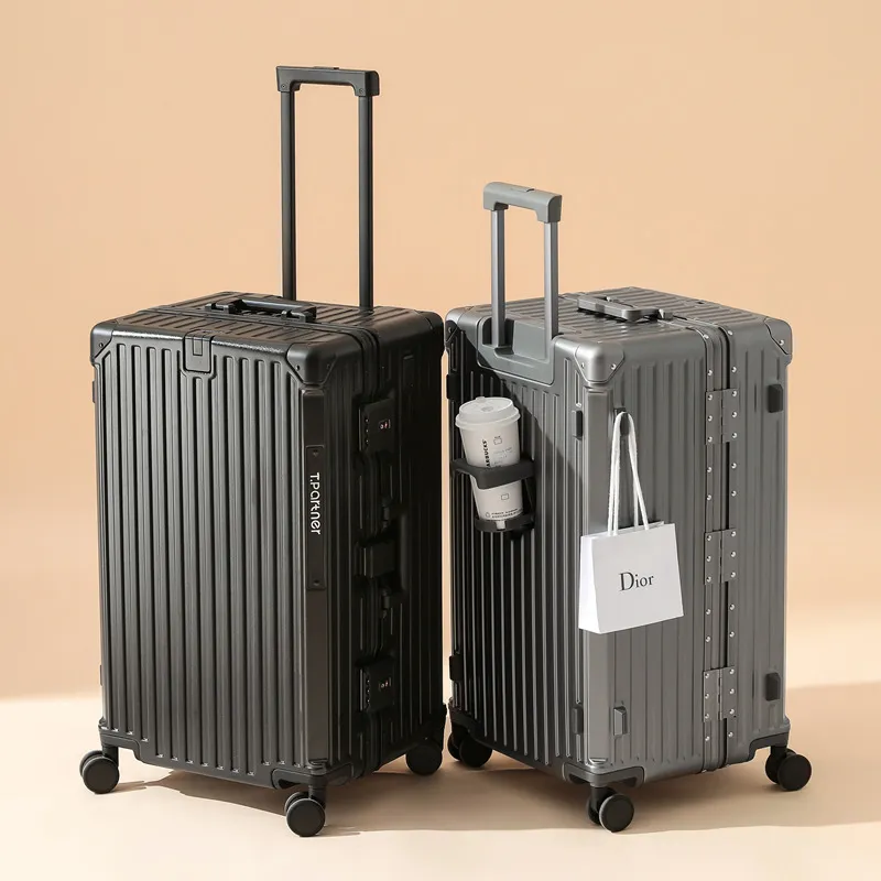 Valise 26” en aluminium renforcé – Bagage spacieux avec support téléphone, porte-gobelet et crochet – Élégance & robustesse pour voyageurs exigeants
