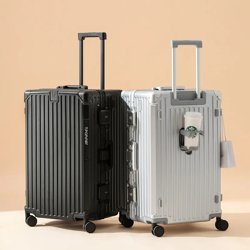 Valise 26” en aluminium renforcé – Bagage spacieux avec support téléphone, porte-gobelet et crochet – Élégance & robustesse pour voyageurs exigeants