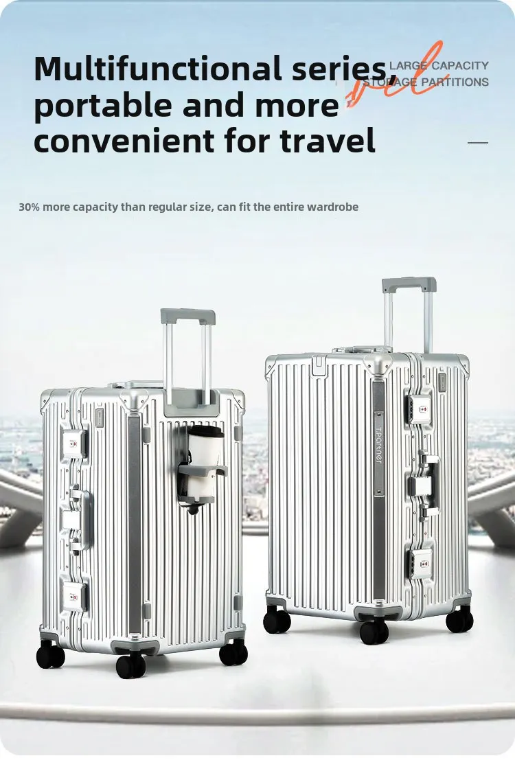 Valise 26” en aluminium renforcé – Bagage spacieux avec support téléphone, porte-gobelet et crochet – Élégance & robustesse pour voyageurs exigeants