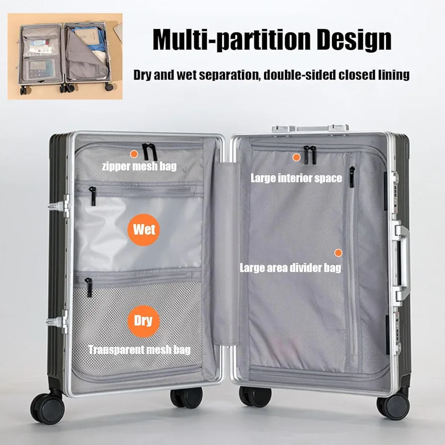 Valise 26” en aluminium renforcé – Bagage spacieux avec support téléphone, porte-gobelet et crochet – Élégance & robustesse pour voyageurs exigeants