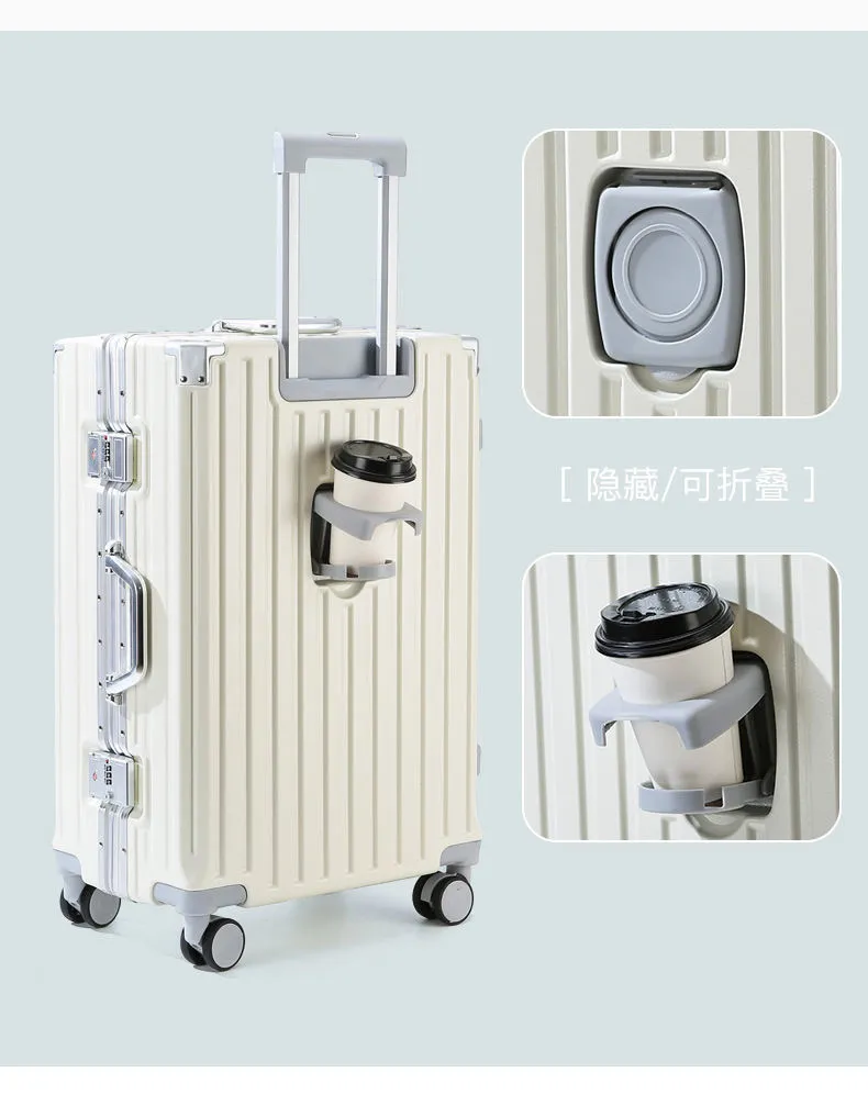 Valise 28” ultra-spacieuse en aluminium – Bagage haut de gamme avec support téléphone, porte-gobelet et crochet – Parfait pour longs séjours