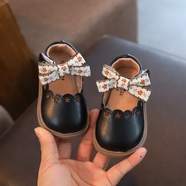 Chaussures Bébé Fille Élégantes – Style Mary Jane avec Nœud Brodé, Semelle Souple, Cuir Simili