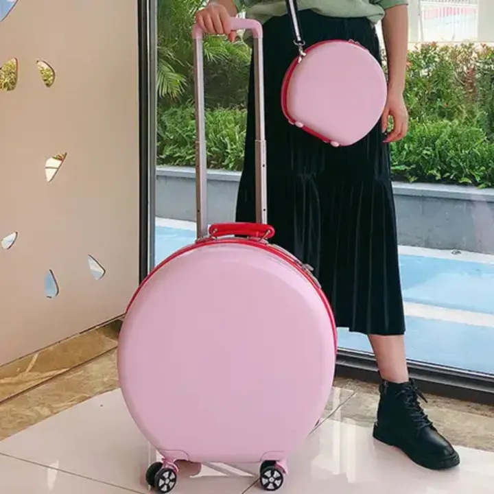 🎀 Valise Ronde à Roulettes 20 pouces + Étui Maquillage – Ensemble Élégant de Voyage pour Femmes –