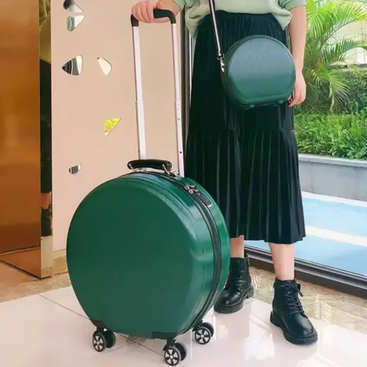 🎀 Valise Ronde à Roulettes 20 pouces + Étui Maquillage – Ensemble Élégant de Voyage pour Femmes –