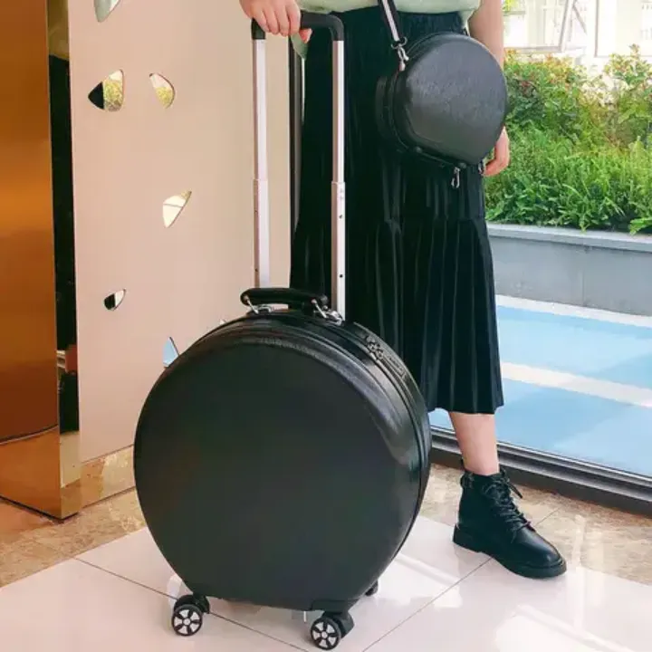 🎀 Valise Ronde à Roulettes 20 pouces + Étui Maquillage – Ensemble Élégant de Voyage pour Femmes –