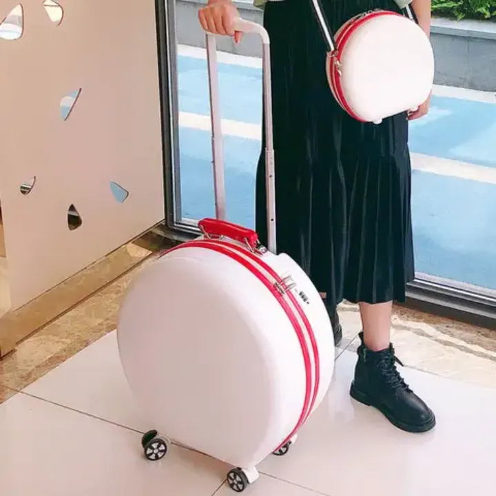 🎀 Valise Ronde à Roulettes 20 pouces + Étui Maquillage – Ensemble Élégant de Voyage pour Femmes –