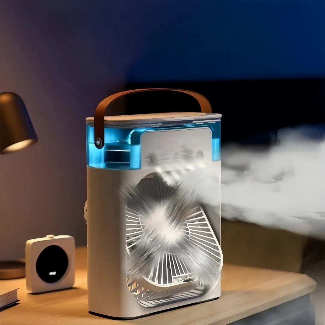 Mini Ventilateur Rechargeable avec Brumisation – LED 7 Couleurs & 3 Vitesses – Humidificateur Intégré 250ml