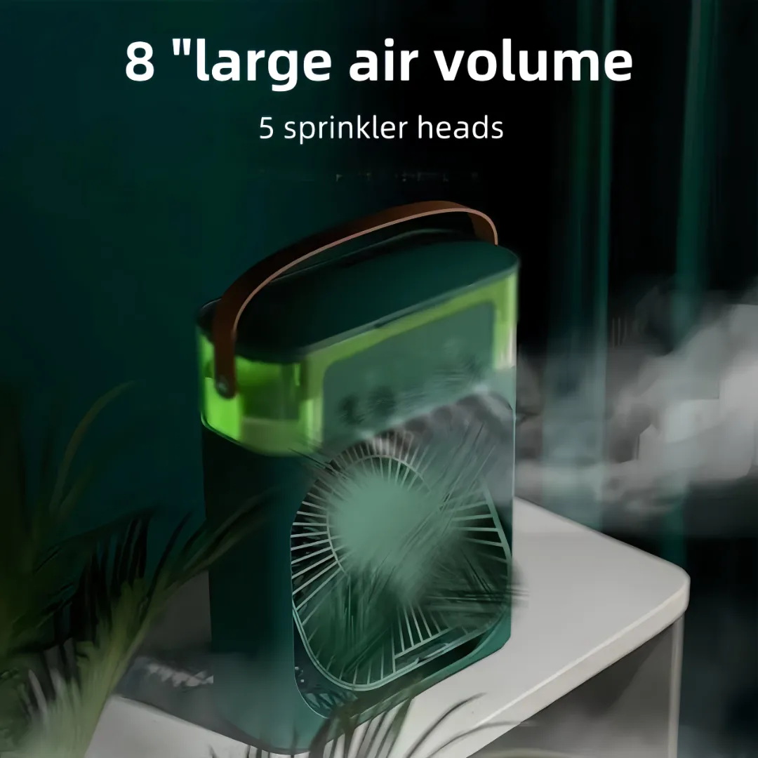 Mini Ventilateur Rechargeable avec Brumisation – LED 7 Couleurs & 3 Vitesses – Humidificateur Intégré 250ml