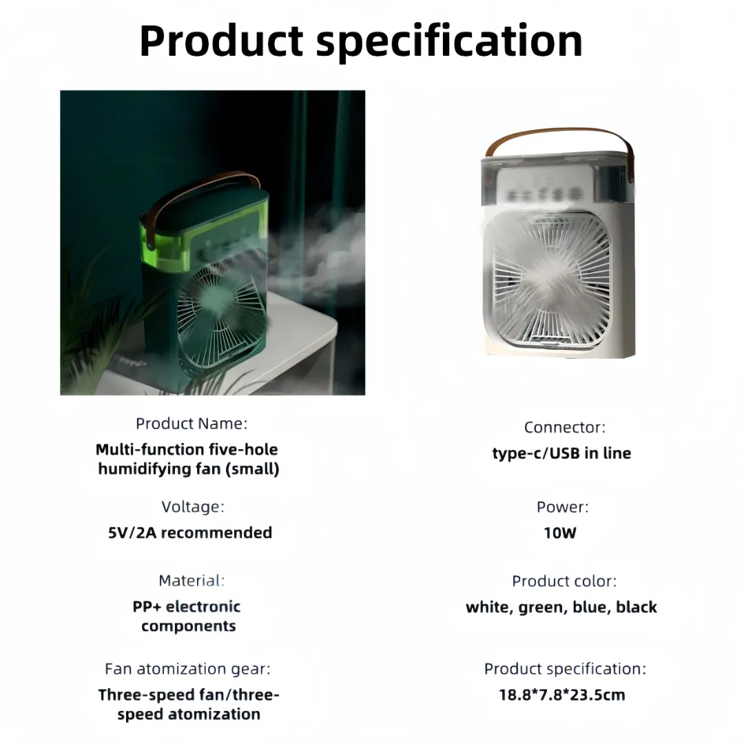 Mini Ventilateur Rechargeable avec Brumisation – LED 7 Couleurs & 3 Vitesses – Humidificateur Intégré 250ml
