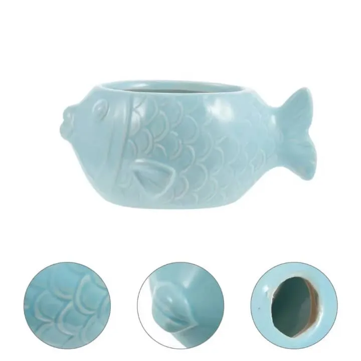 Pot décoratif en forme de poisson – Céramique bleu pastel