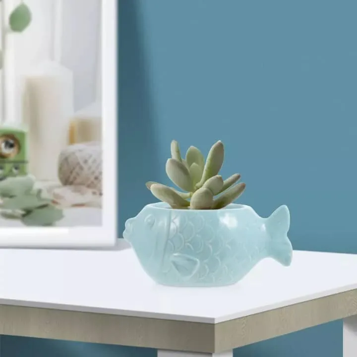 Pot décoratif en forme de poisson – Céramique bleu pastel