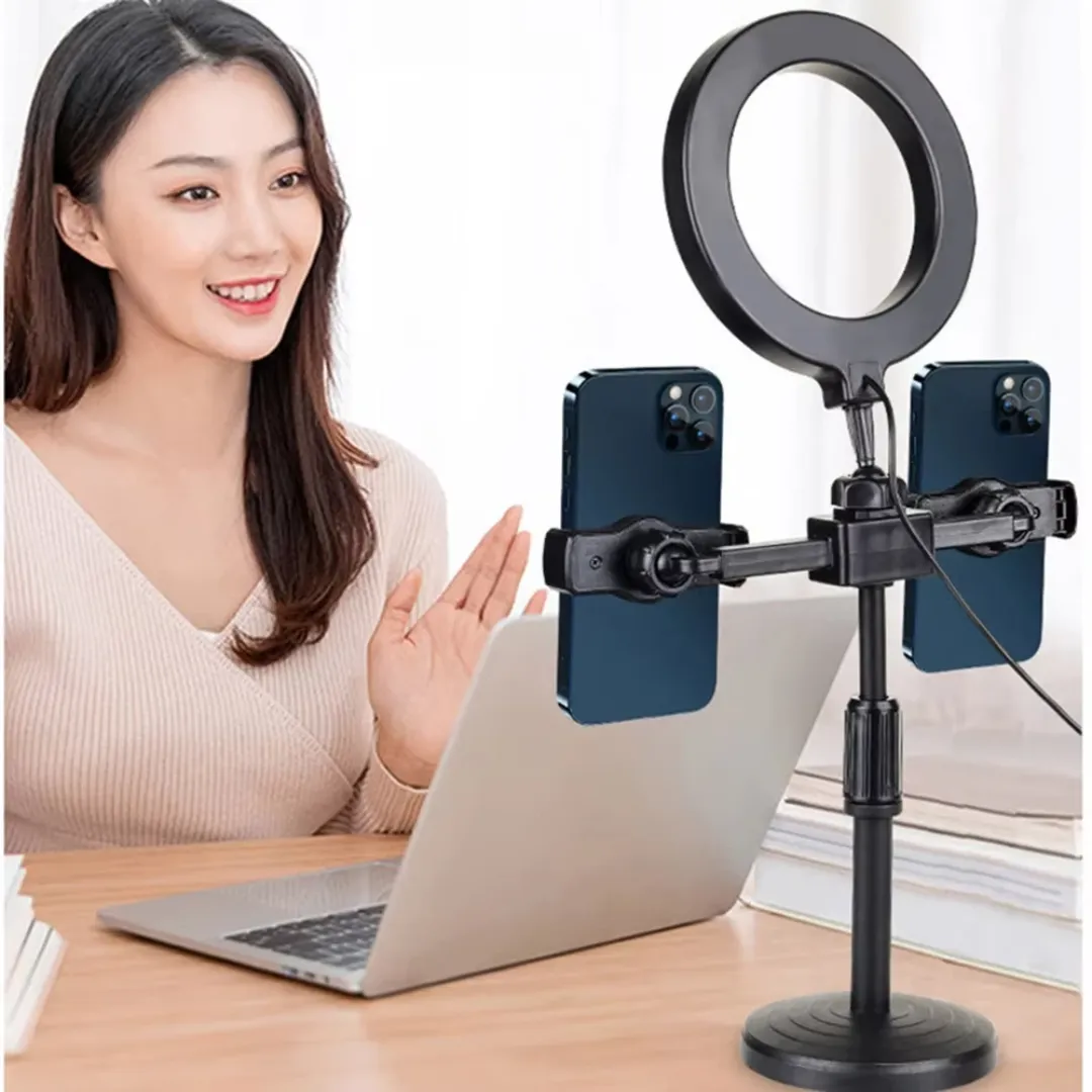 Support trépied téléphone avec anneau LED 6 pouces – Double support pour selfie, live et maquillage