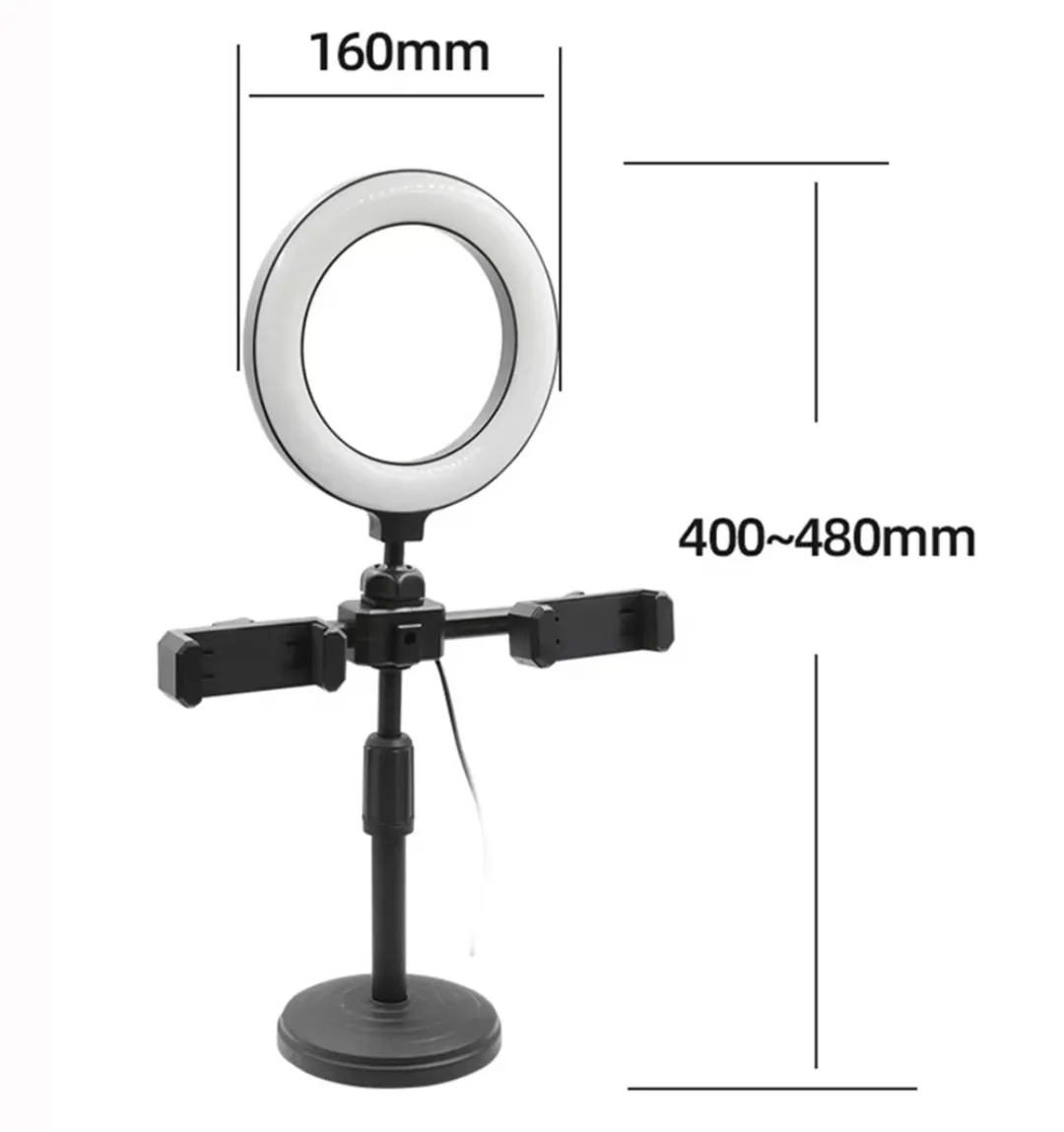 Support trépied téléphone avec anneau LED 6 pouces – Double support pour selfie, live et maquillage
