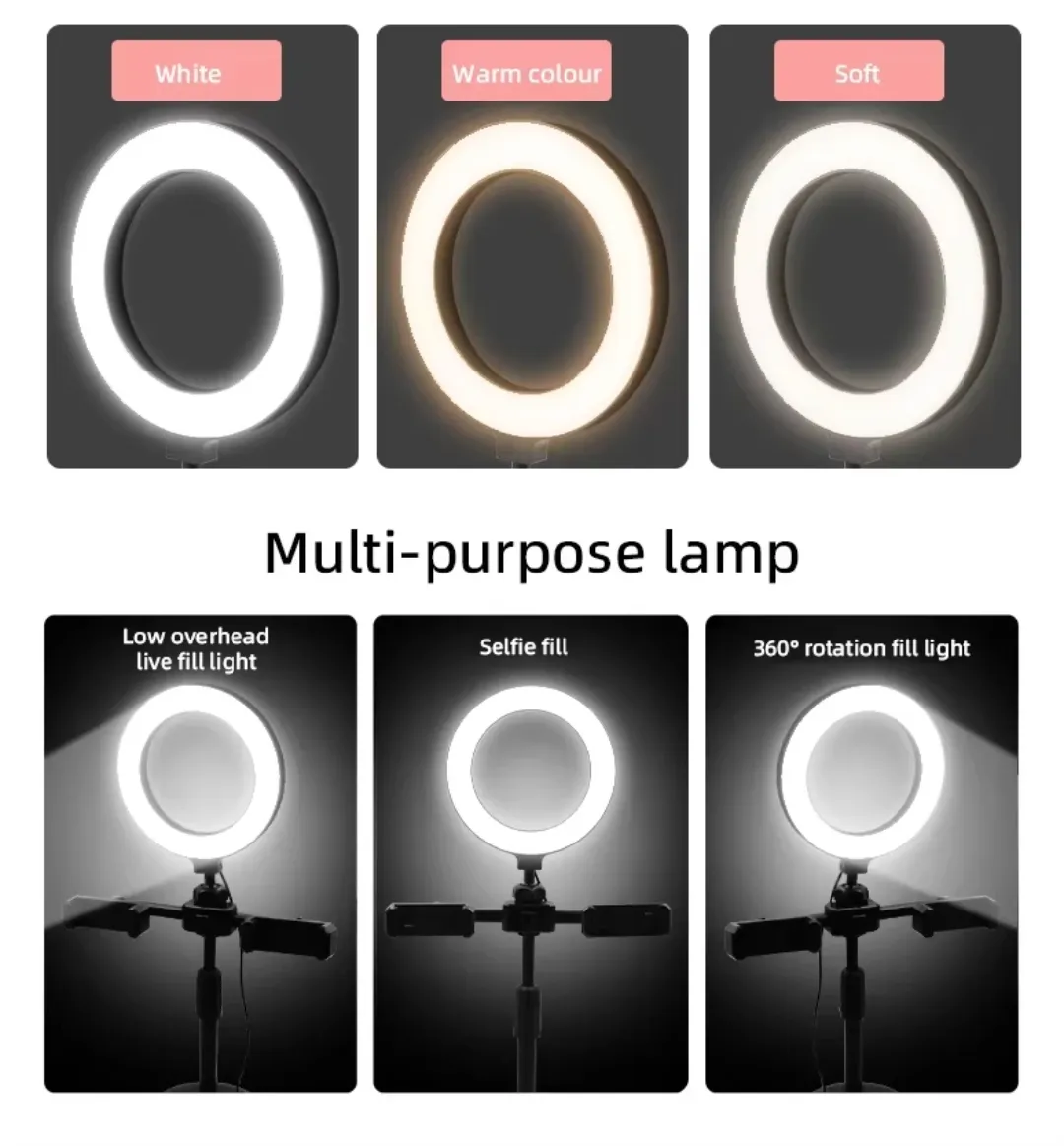 Support trépied téléphone avec anneau LED 6 pouces – Double support pour selfie, live et maquillage