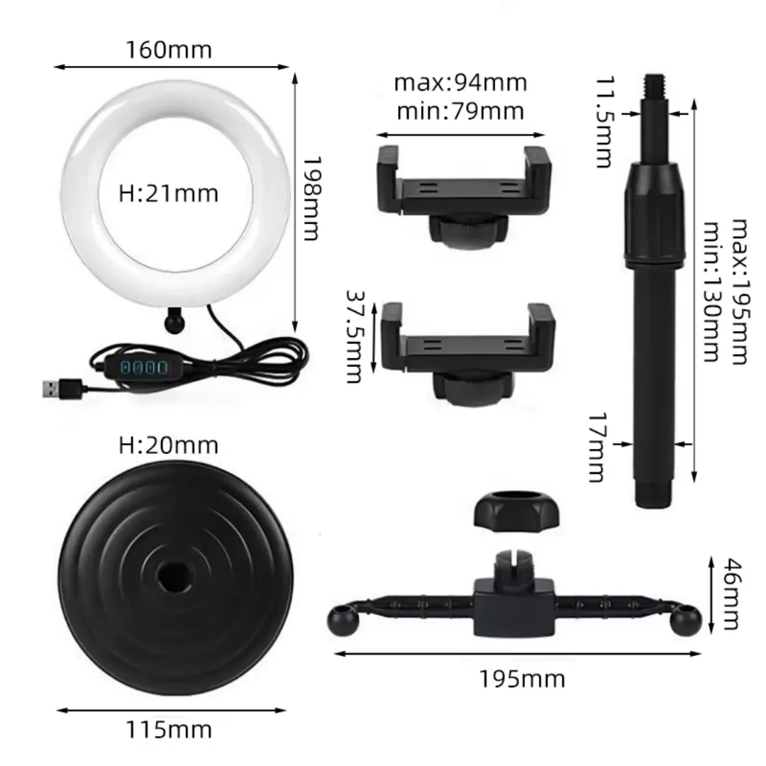 Support trépied téléphone avec anneau LED 6 pouces – Double support pour selfie, live et maquillage