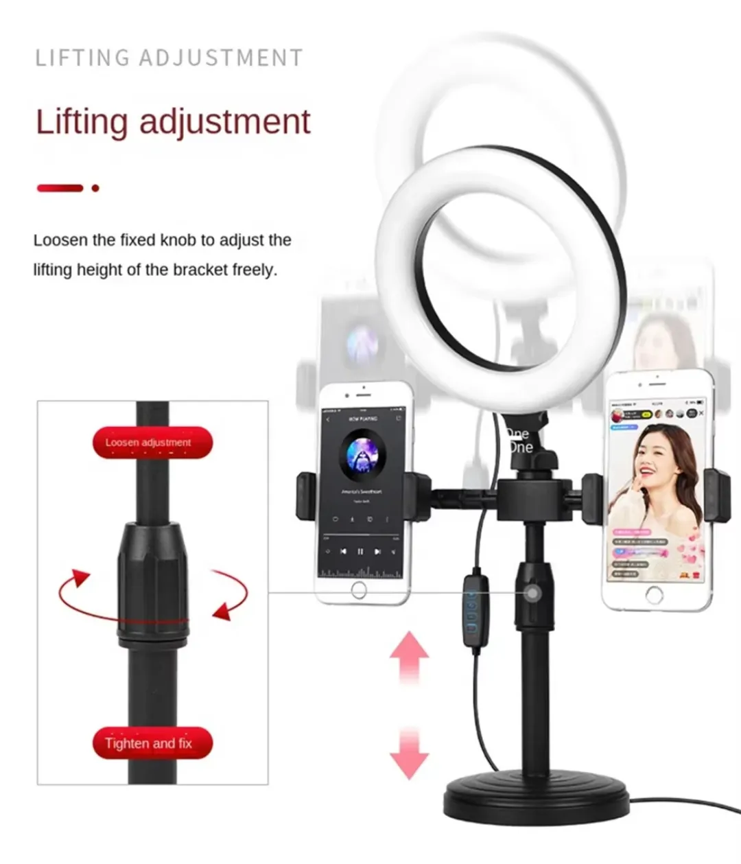 Support trépied téléphone avec anneau LED 6 pouces – Double support pour selfie, live et maquillage