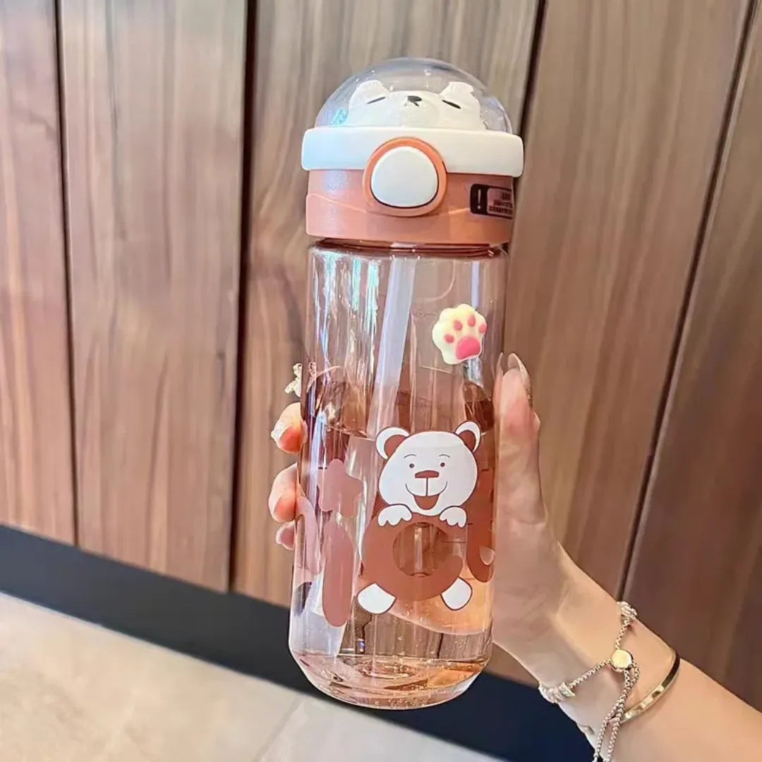 Gourde Enfant Kawaii avec Paille – Bouteille d’Eau Portable à Motif Ourson, Été & École
